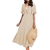 GOLDSTITCH Summer Dress for Women 2025 Casual Short Sleeve Bow Tie V Neck Smocked High Waist A-Line Flowy Midi Dress