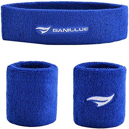 Banillue Sweatband Set ( 1 Headband + 2 Wristbands) -Terry Cloth Cotton (Blue)