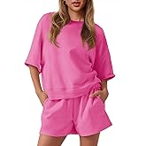 Fisoew Womens 2 Piece Outfits Casual Oversized Cropped Sweatshirt and High Waist Running Shorts Tracksuit Sets, Medium, Pink