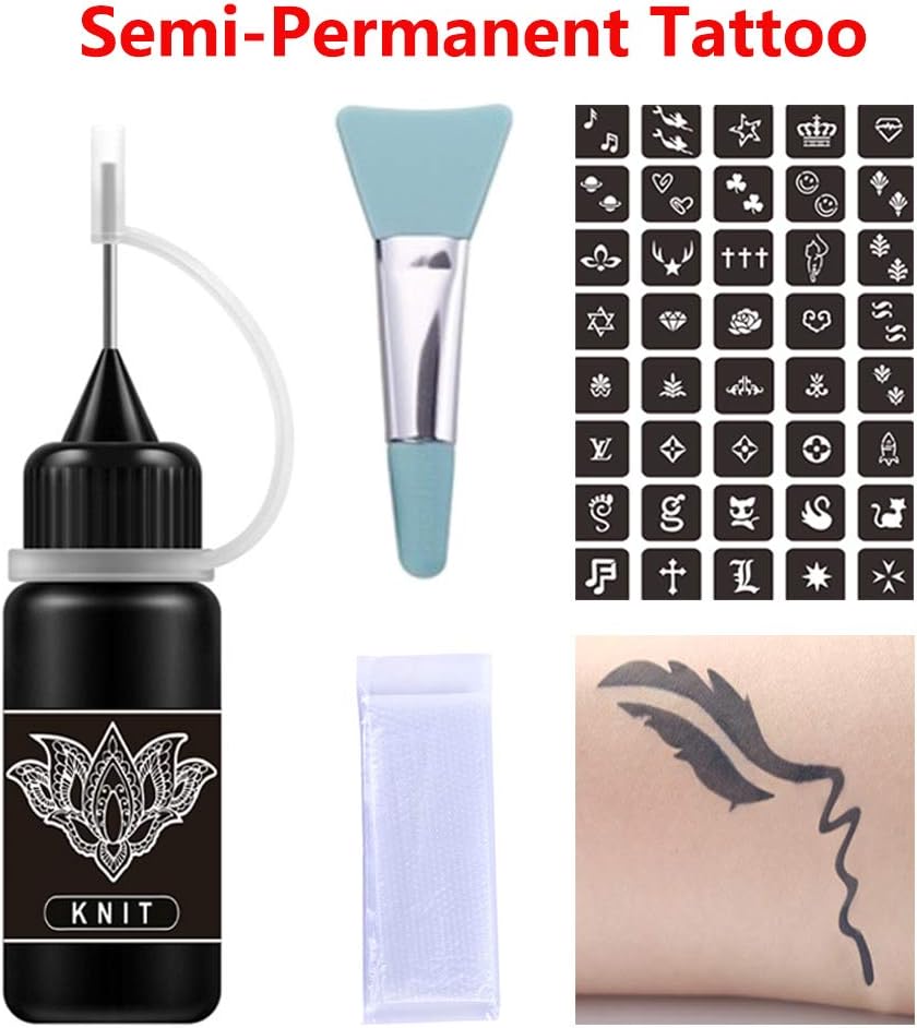 Knit Jagua Tattoo Kit Semi Permanent Tattoo Ink/Gel 0.5 oz, Black/Dark Blue Temporary Tattoo Kit, Natural & Long Lasting (Organic Jagua fruit Based Ink/Gel) No Added Chemicals
