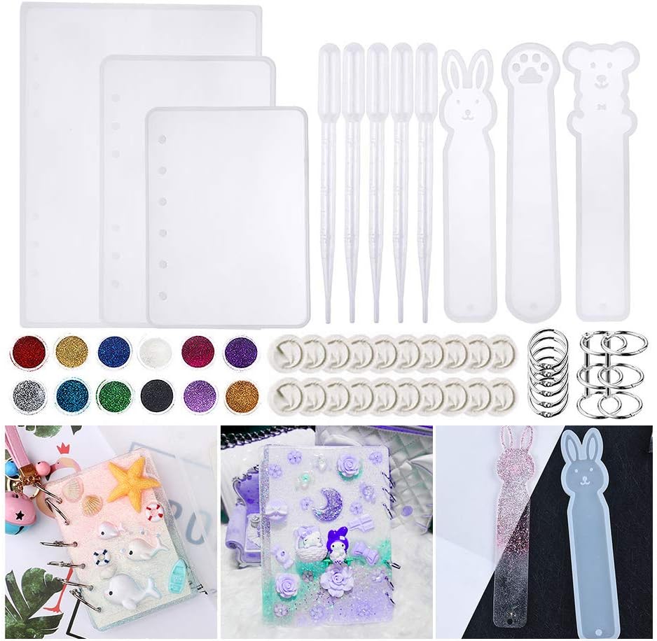 DoreenBow 51pcs Resin Molds Casting Silicone Molds for Notebook Cover A5 A6 A7 Silicone Bookmark Resin Mold with Book Rings for Resin Jewelry DIY