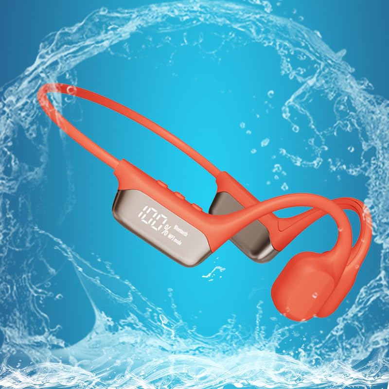 Photo 1 of AYI Swim Headphones True Bone Conduction Open Ear Headset LED Screen Power Indicator Underwater MP3 Player Built-in 32G Memory IP68 Waterproof Bluetooth Earphone for Sport Running-S10 Red