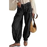 yoeasy Women's Lotus Tube Jeans Mid Rise Baggy Wide Leg Barrel Jeans Drawstring Ankle Denim Pants with Pockets