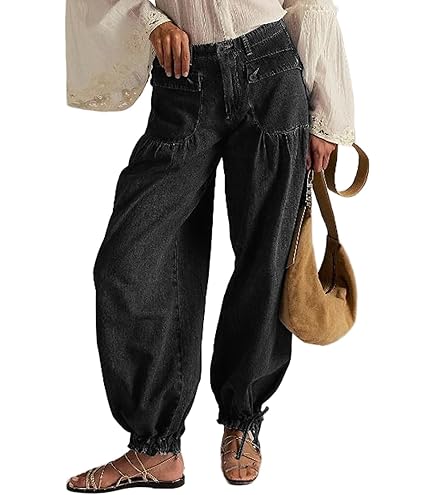 Drawstring Jeans Women Lotus Mid-High Waist Barrel Ruffle Jeans