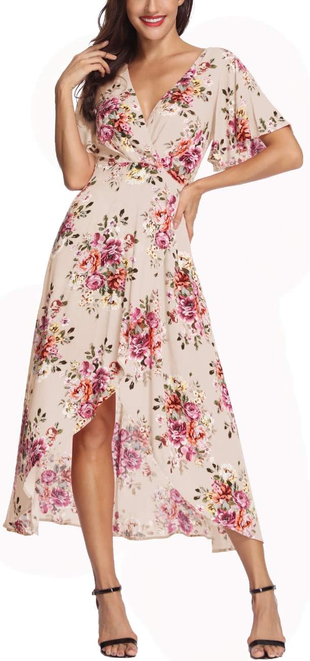 Azalosie Wrap Maxi Dress Short Sleeve V Neck Floral Flowy Front Slit High Low Women Summer Beach Party Wedding Dress Apricot
