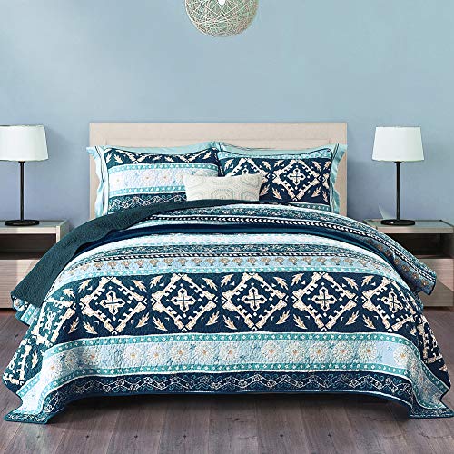 Gravan 3-Piece Queen Quilt Sets with Shams Oversized Bedding Bedspread Coverlet Set (Striped Blue Boho Style, Queen)