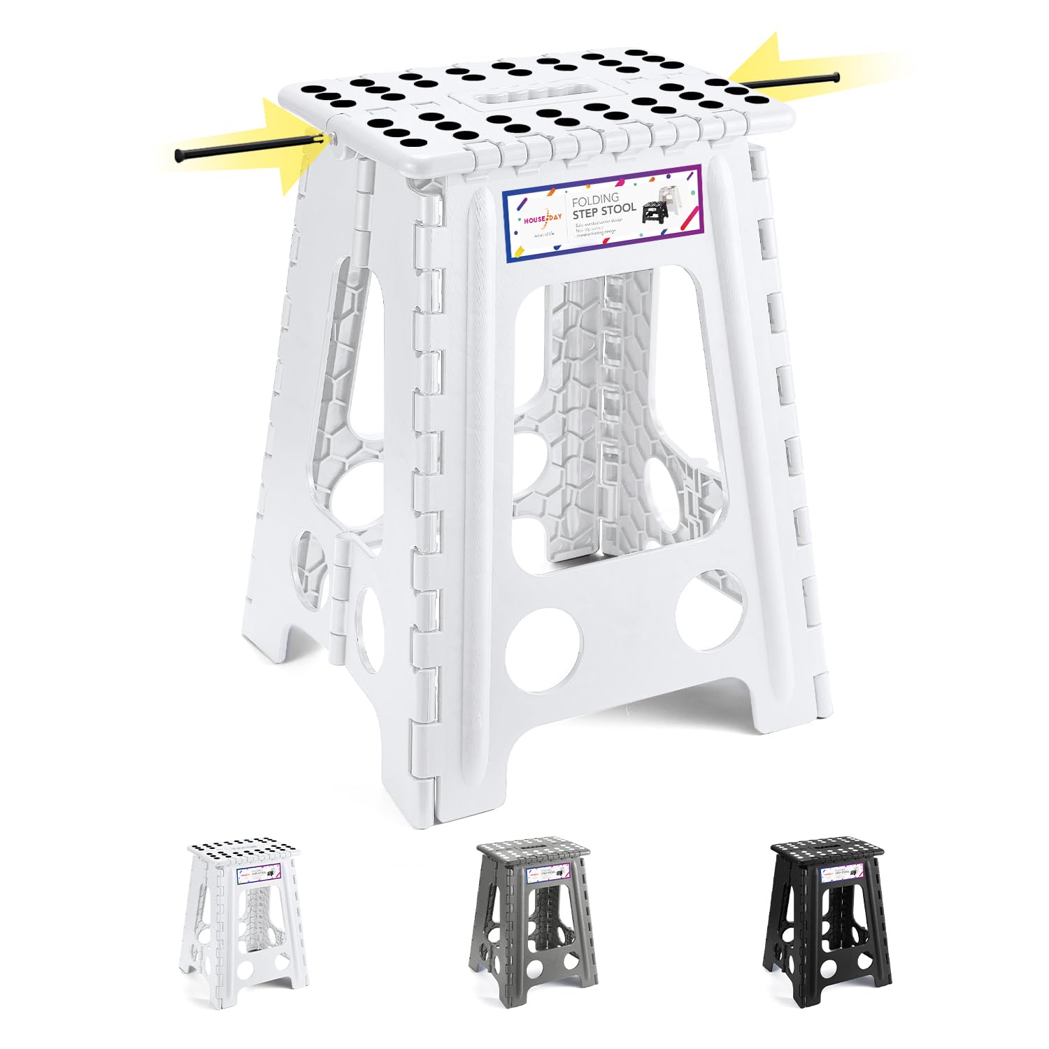 HOUSE DAY 17 inch Tall Folding Step Stool for Adult - Large Heavy Duty Plastic Folding Step,Space Saving Folding Stool,Lightweight Step Stool,Easy Carry Fodable stepping Stool for Indoor/Outdoor,White