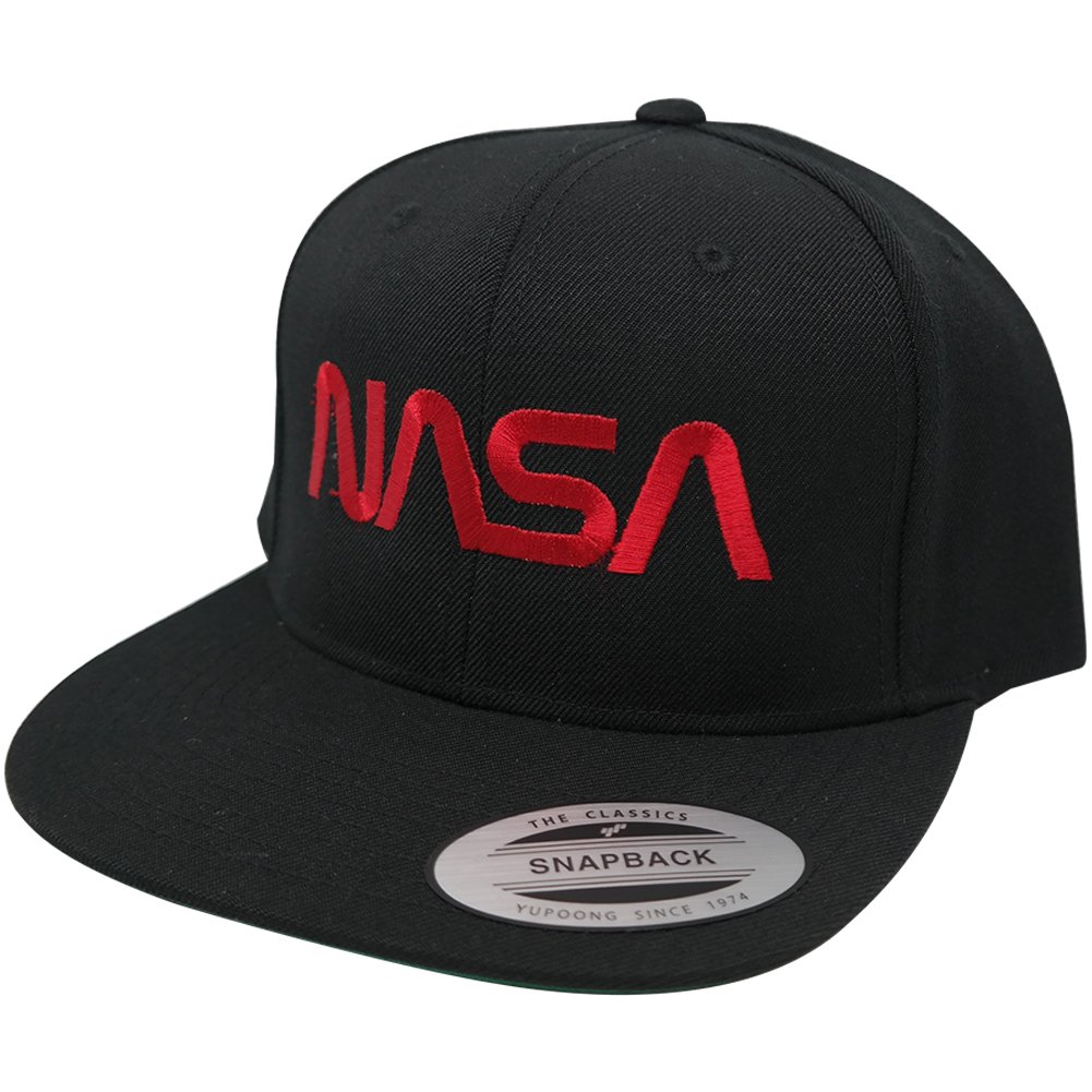 NASA Worm Red Text Embroidery Snapback Cap (One Size, Black)