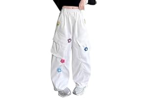 Wide Leg Cargo Pants for Teen Girls Cute 3D Flower Elastic Waist Hiking Jogger Loose Baggy Sweatpants with Pockets