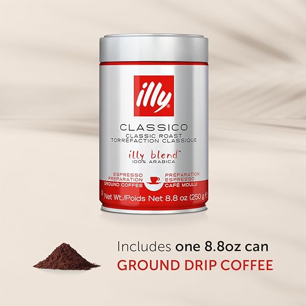 ILLY CLASSICO GROUND DRIP COFFEE, MEDIUM ROAST, CLASSIC ROAST WITH NOTES OF CHOCOLATE & CARAMEL, 100% ARABICA COFFEE, NO PRESERVATIVES, 8.8 OUNCE (PACK OF 1)