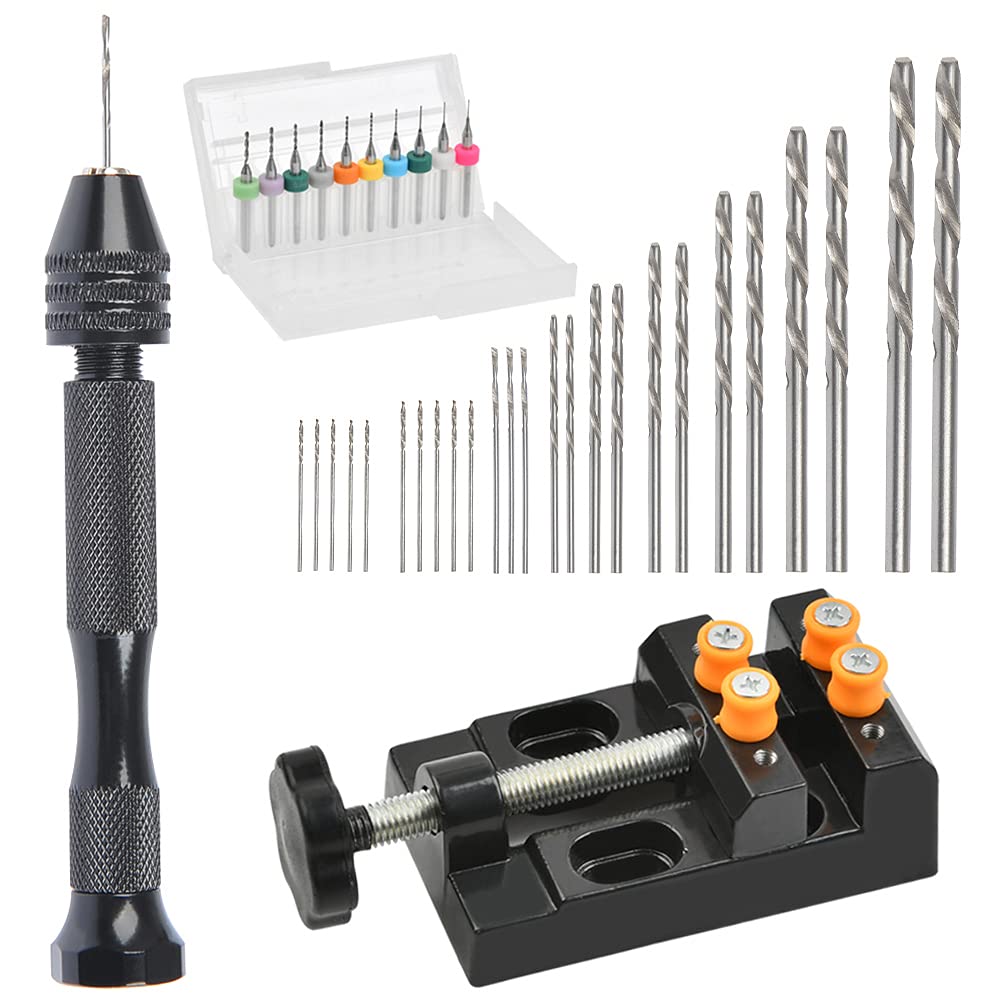 Multifunctional Mini Hand Drill Set with Precise Twist Drill Bits (0.5-3mm & 0.3-1.2mm PCB) and Mini Drill Press Vise for DIY Crafts and Models