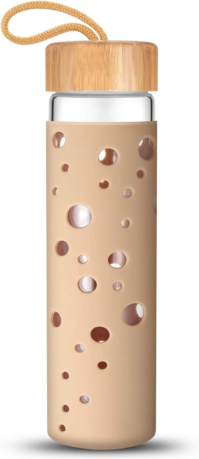 Tronco 20oz Glass Water Bottle with Silicone Protective Sleeve and Bamboo Lid - BPA Free