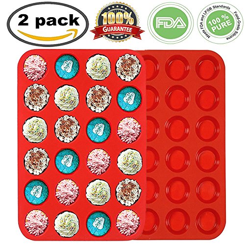 Premium Silicone Mini Muffin & Cupcake Baking Pan Large Non Stick 24 Cup Cookies Molds Bakeware Tin Soap Tray Mould by Meiso (Set of 2) (Red)