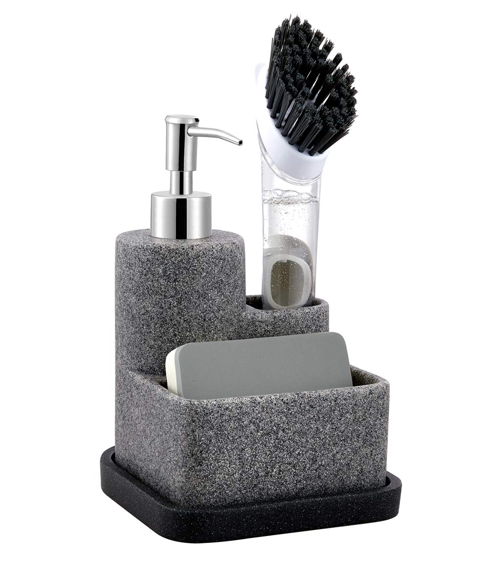ZCCZ Black Soap Dispenser with Sponge Holder, Kitchen Soap Dispenser Pump, Sponge Caddy and Brush Holder 3 in 1 Set Organizer for Sink Countertop, Removable Tray, Marble Look (Brush NOT Included)