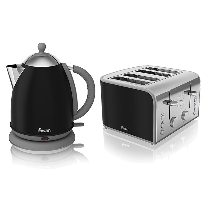 Swan Black Stainless Steel Electric 1.7L Jug Kettle And 4 Slice Toaster