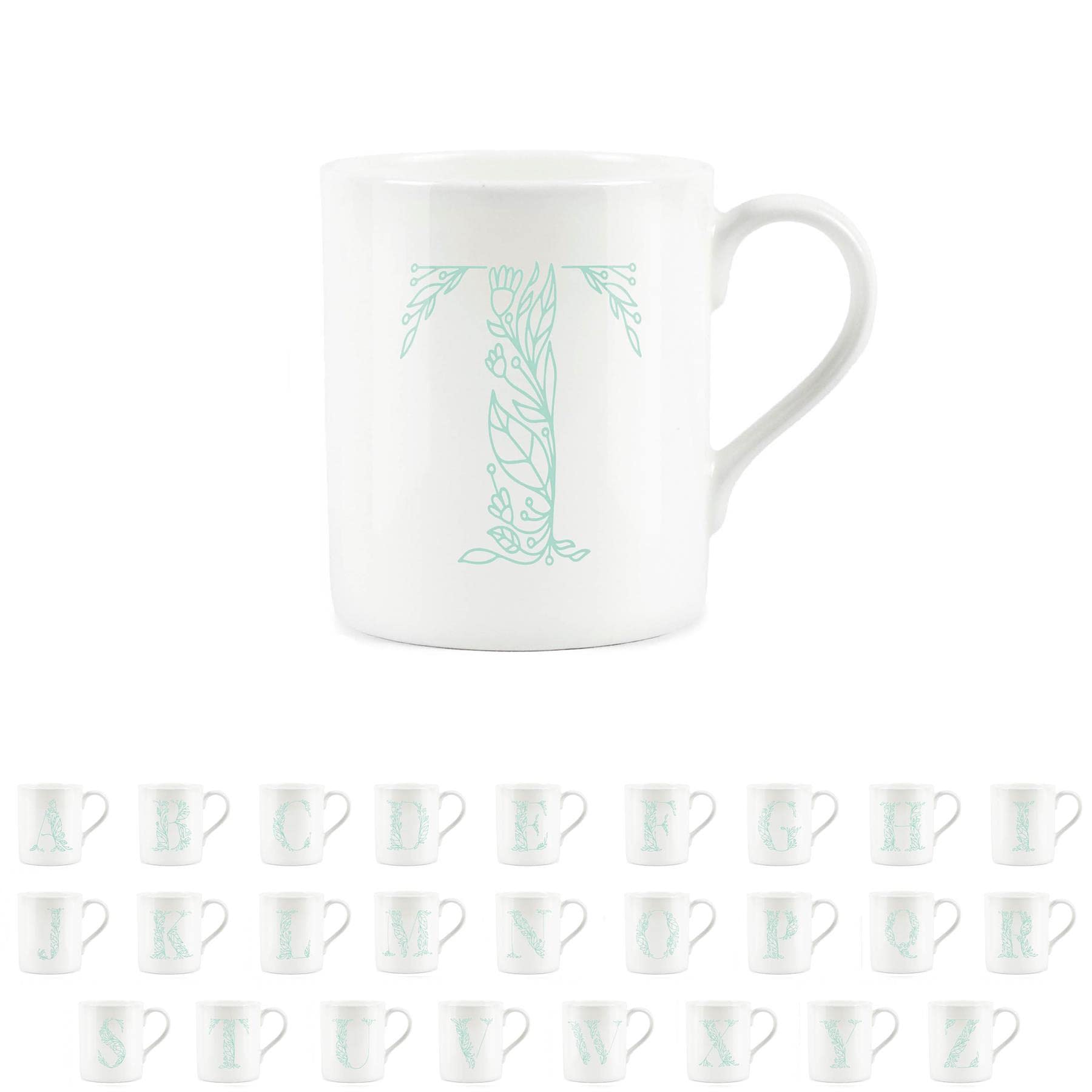Purely Home Floral Green Letter T Mug - Fine Bone China Small Coffee Tea Mug Present Personalised Initial Gift