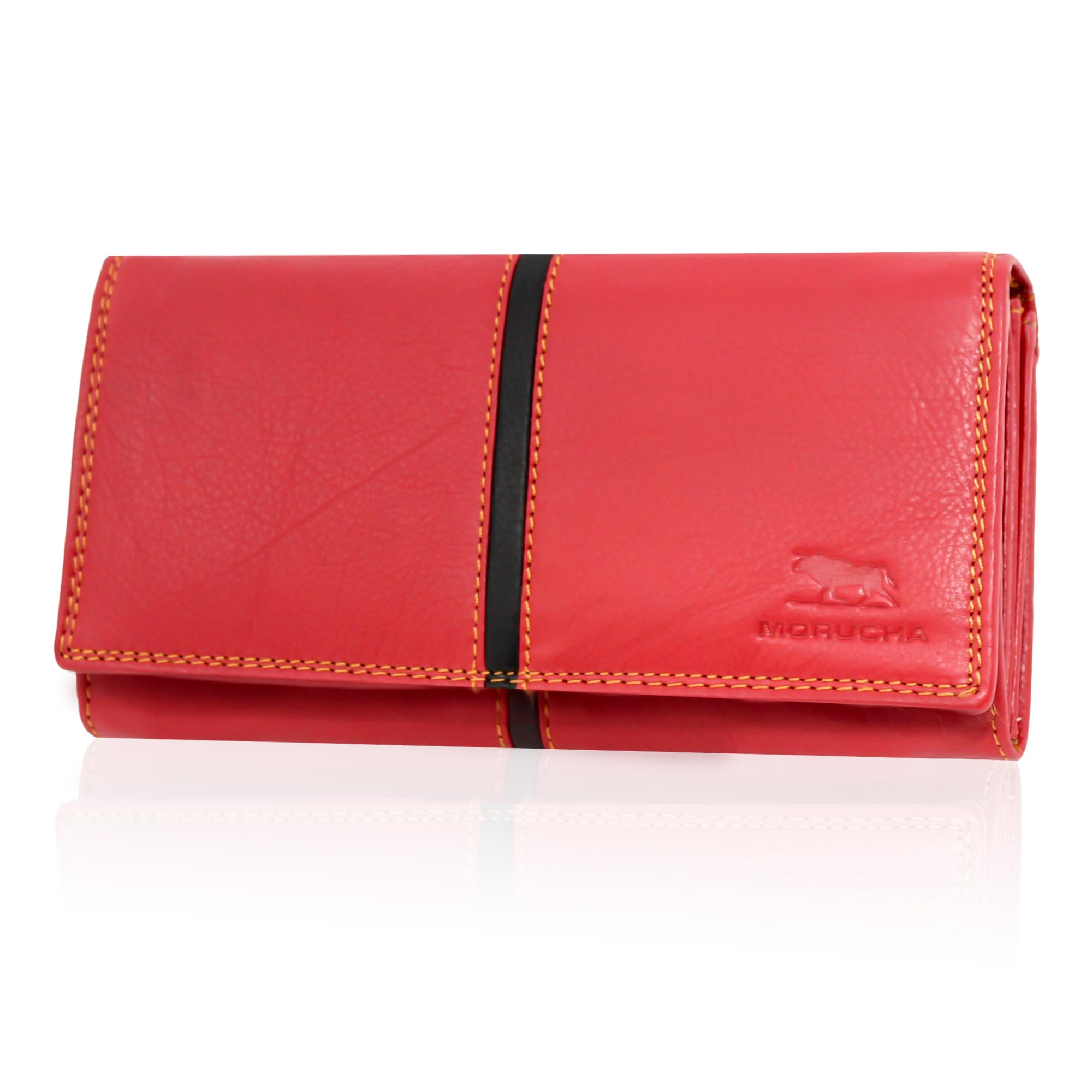 MORUCHA Ladies RFID Blocking Purse Large Capacity Genuine Leather Women's Wallet M15 Red Black