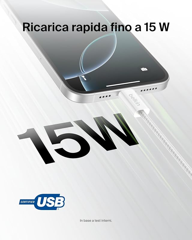 Confezione da 2 cavi intrecciati da USB-A a USB-C da 1,5 m, 15 W, cavo flessibile per ricarica rapida, cavo Type-C per iPhone 17 e iPhone 16 series, Galaxy S25, Pixel 10, iPad Pro ecc., bianco