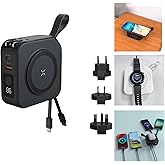 Taoke Multifunctional 5-in-1 Travel Charger with 10000mAh Mobile Power Bank with 2 Built-in Cables, High-Speed Magnetic Wireless Charger with US/EU/AU/UK Adapters (Black)