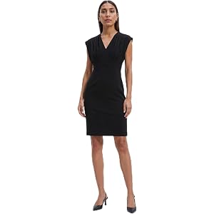 Anne Klein Women's Cap Sleeve V-Neck Pleated Bodice Cool Crepe Sheath Dress