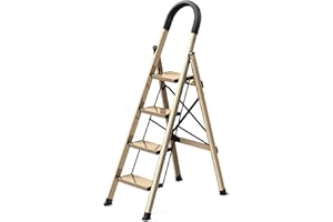 PLEDDANIO Step Ladder 4 Step Folding Step Stool with Handgrip Anti-Slip Wide Pedal Aluminum Portable Lightweight Household Stepladders for Home and Kitchen 330 lbs Capacity (Brown Gold)