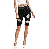 Hybrid & Company Women's Super Comfy Stretch Destructed Denim Bermuda Shorts Capri