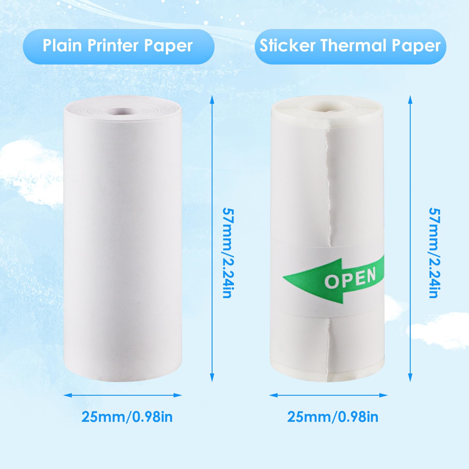 HuiJuKeJi 10 Rolls Thermal Inkless Printing Paper for Mini Sticker Receipt Printer Portable Bluetooth Pocket Printer, Including 5 rolls of adhesive thermal Paper for Photo Journal Notes Memo-57x25mm