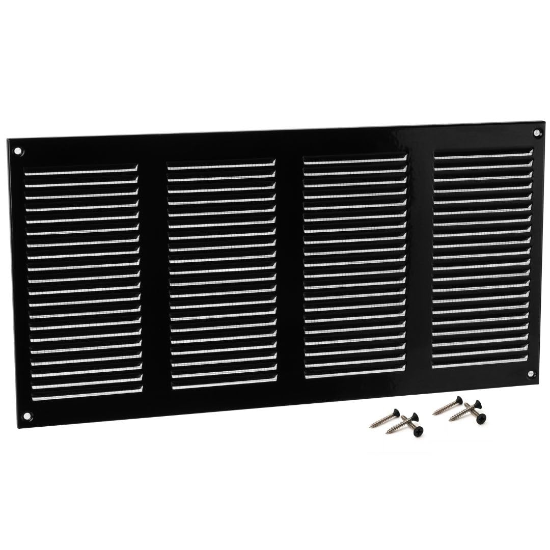 Steinberg14 Black 400x200mm Metal Air Vent Cover with Insect Mesh - 16x8 inch Ventilation Grille - Air Vent Register for Walls and Ceilings - Ventilation Cover for Outdoor and Indoor