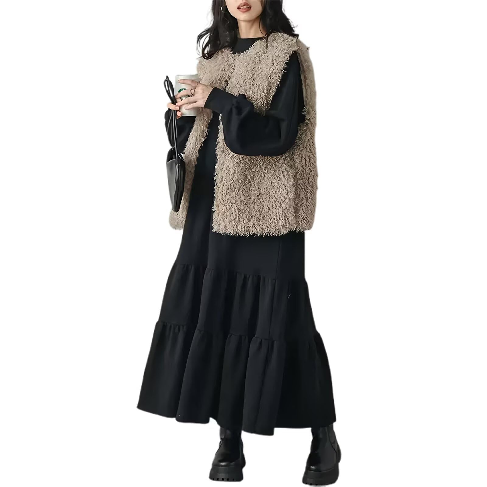 Quiet Wave Women's Sweat Dress, Long Sleeve, Body Cover, Ruffled Hem, Round Neck, Long Dress, Autumn and Winter, Maxi Length, Plus Size, Relaxed, Cute