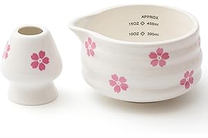 YumiPLUS 2pcs Matcha Bowl with Whisk Holder, Ceramic Cherry Blossom Matcha Bowl with Spout, 16.5OZ Porcelain Bowl with Measurement Marks,Tea Mixing Bowl with Whisk Stand, Matcha Gift (sakura)