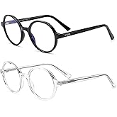 JFXQDR 2 Pack Round Blue Light Blocking Glasses Women Men, Circle Frame Computer Gaming Glasses Anti Glare & UV RF6206 (Black + Clear)