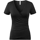 Beauhuty Women's Top Deep V Neck Slim Fitted T-Shirt Front Wrap Ruched Short Sleeve Tee