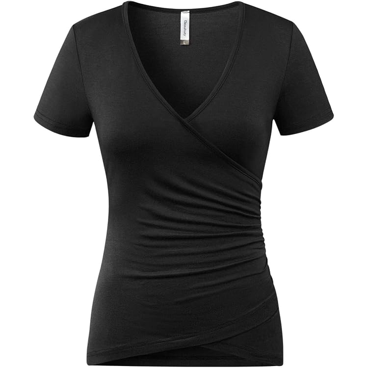 SOLY HUX Women's Plus Size Deep V Neck T-Shirt - Wrap Ruched Button Side Top, Short Sleeve Slim Fit Tee