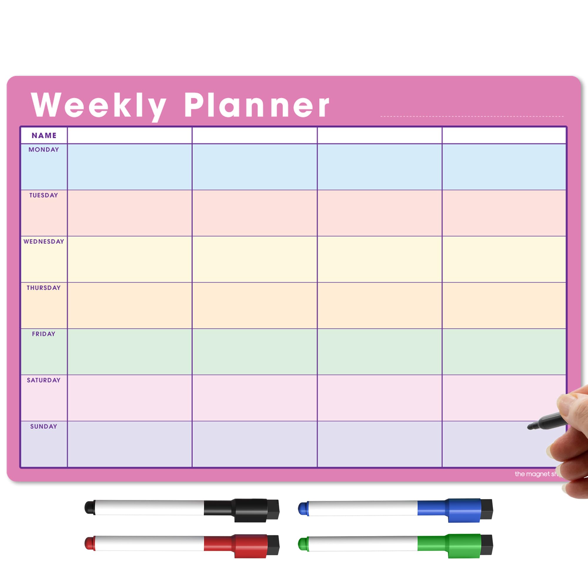 TMS A3 Magnetic Weekly Planner and Organiser – Fully Customisable Whiteboard for Family or Business Tasks and Meal Planning - with 4 Free Magnetic Dry Wipe Pen (Pink - Multi-Coloured, A3)
