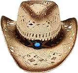 Men's & Women's Western Style Cowboy / Cowgirl Straw Hat with Bull  Big Bead Band - Beige