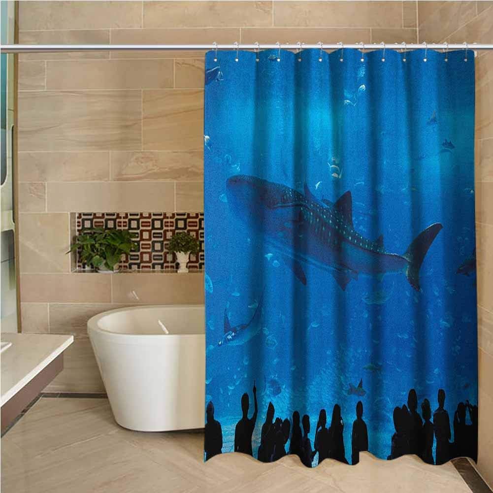 Black Shower Curtain Shark Japanese Aquarium Park with People Silhouettes Watching Underwater Life Hobby Image Blue Black W108 xL72