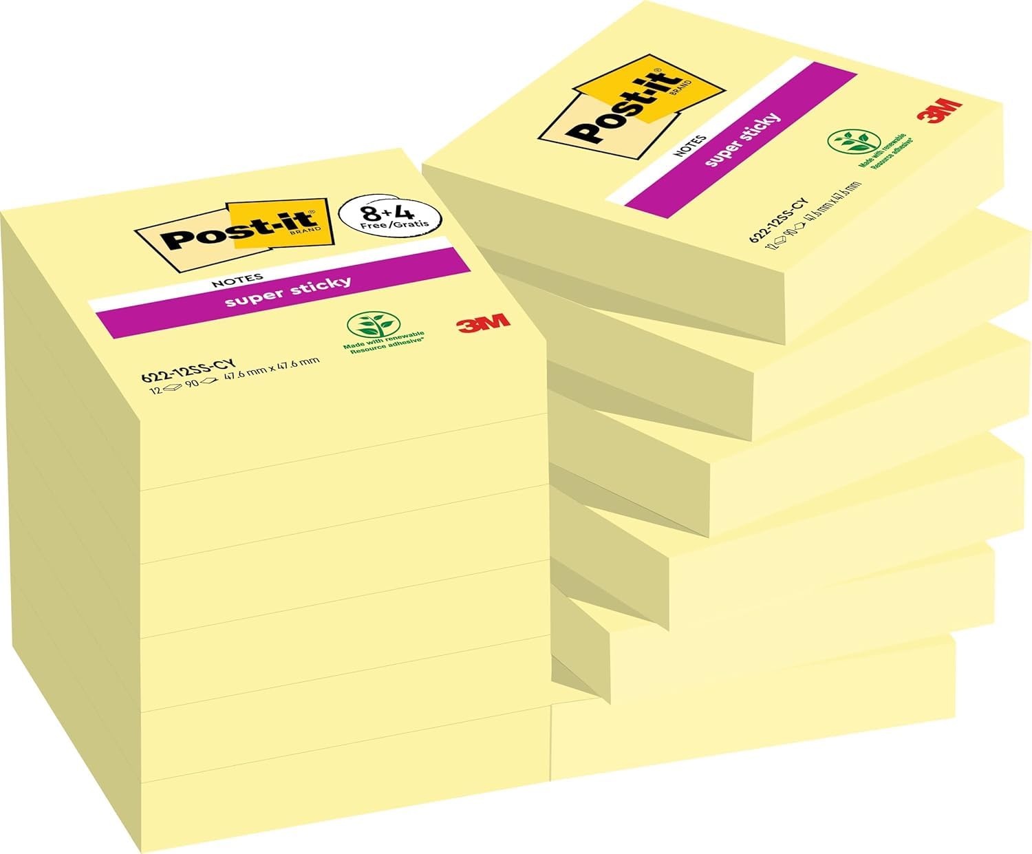 Post-it Super Sticky Notes, 1080 Sheets, 47.6 mm x 47.6 mm - Holds Strong to Many Surfaces - Canary Yellow - for Walls, Monitors and Fridge, Recycable