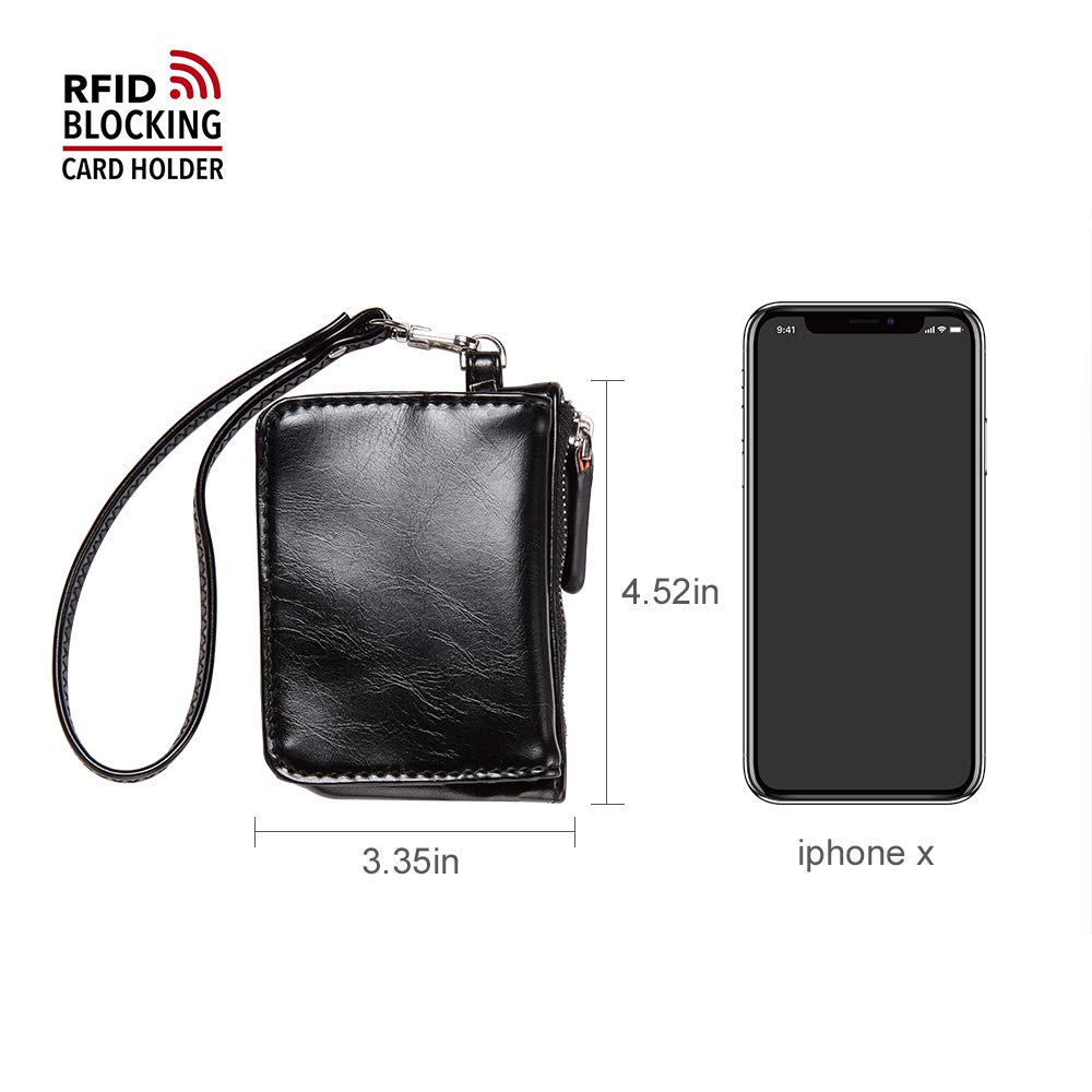 JCTHBAG Womens Small Leather Coin Purse RFID Credit Card Case With Wrist Strap (Black)