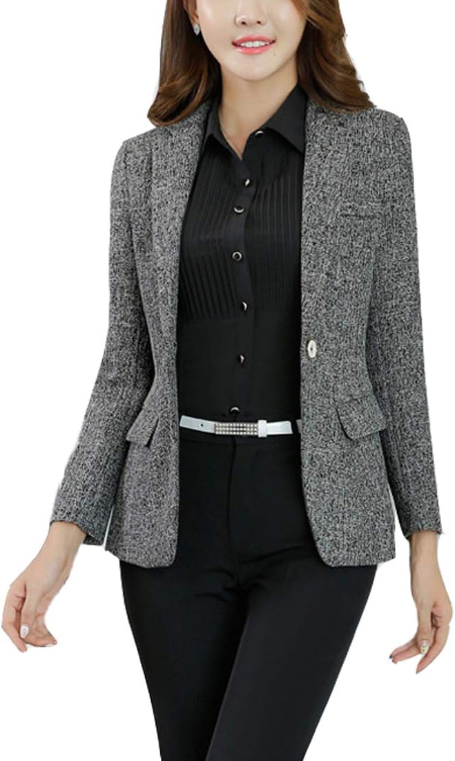 Womens Cotton & Linen Tweed Blazer One Button Office Work Jacket
