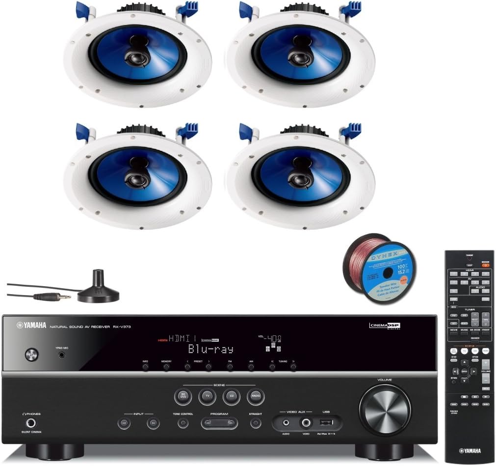Yamaha Digital Home Theater Audio Video Receiver + Yamaha in-Ceiling 2-Way Speakers (Set of 4) with a 8" PP Mica Cone Woofer & 1" Fluid-Cooled Soft-Dome Swivel Tweeter + 100 ft 16 AWG Speaker Wire