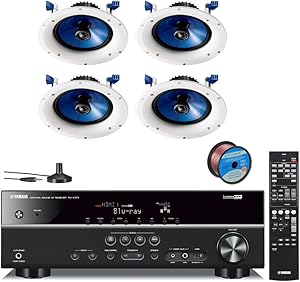 Yamaha Digital Home Theater Audio Video Receiver + Yamaha in-Ceiling 2-Way Speakers (Set of 4) with a 8" PP Mica Cone Woofer & 1" Fluid-Cooled Soft-Dome Swivel Tweeter + 100 ft 16 AWG Speaker Wire