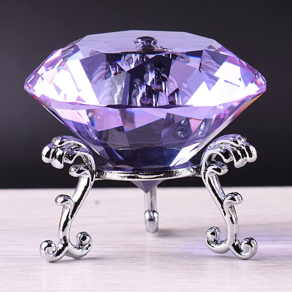 F-ber 60mm (2.36") K9 Crystal Faceted Cut Glass Giant Diamond Paperweight w/Silver Base Stand, Wedding Favor Home Decor Multi Colors (Purple)