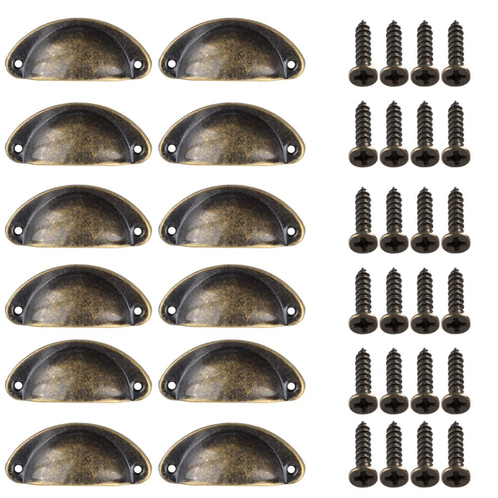 Lxoraziy 12 Pcs Shell Cup Handles, Vintage Half Moon Pull Handles, 64mm Antique Bronze Furniture Knobs, for Cabinet, Cupboard, Dresser, Wardrobe, Drawer, with Screws (Bronze) — image 1