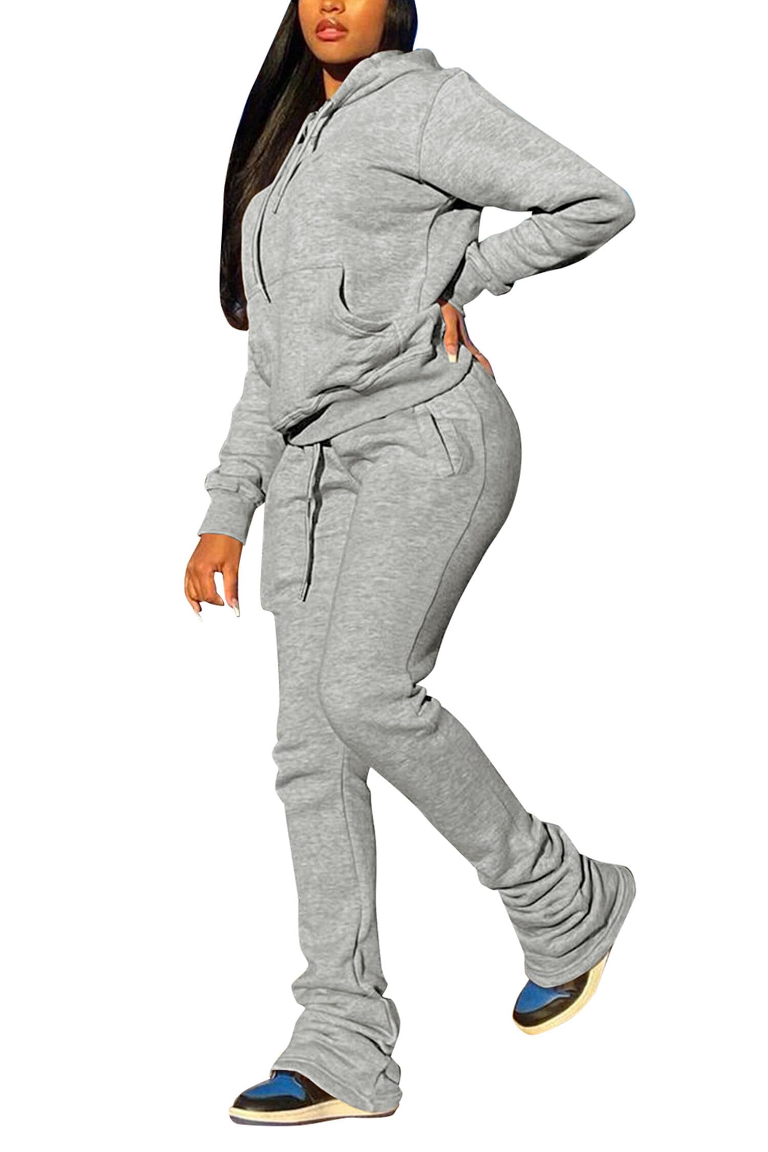 Photo 1 of PINSV Women's Sweatsuits Sets 2 Piece Outfits Drawstring Hoodies Stacked Jogger Sweatpants Tracksuits Casual Set Grey M