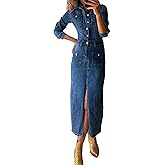 Conshvi Denim Dress for Women Trendy Long Sleeve Button Down Denim Maxi Dress 2025 Fall Bodycon Slit Long Jean Dresses