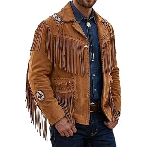Strength Zones Native American Men's Traditional Cowboy Western Leather Jacket Coat with Fringe & Beaded Vintage Fashion Coat