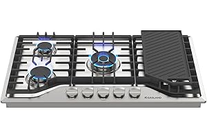 GASLAND 36 Inch Gas Cooktop, PRO GH3365SF 5 Burner Gas Stovetop with Reversible Cast Iron Grill/Griddle, Plug-in, NG/LPG Convertible Cooktops, Stainless Steel