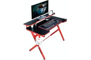 JJS 48" Home Office Gaming Computer Desk with Removable Monitor Stand, R Shaped Large Gamer Workstation PC Table with Cup Holder Headphone Hook Speaker Storage Free Mouse pad, Black/Red