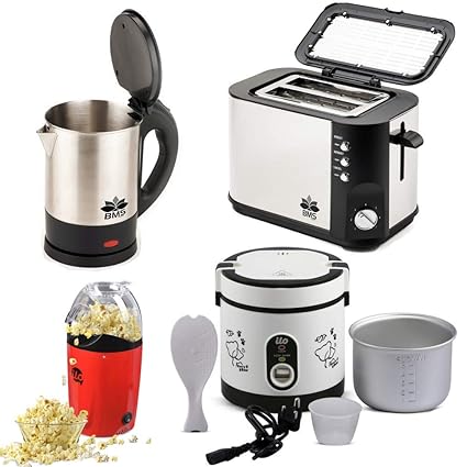 BMS Lifestyle Wide Mouth Multi-Use Electric Kettle,Multi-Function Electric Rice Cooker 600ml, Pop-Corn Maker with Pop-up Toaster 4-Pcs Set
