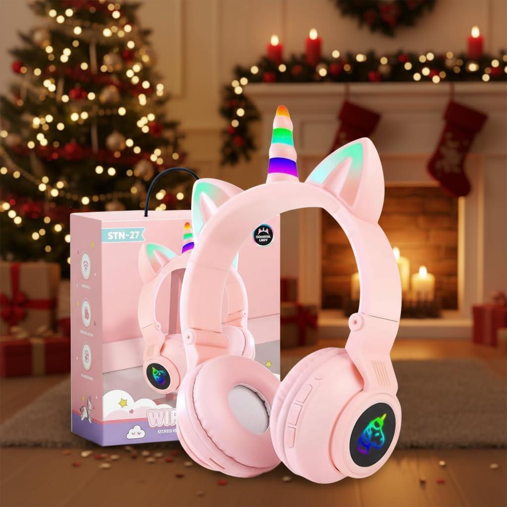 KERHAND Unicorn Kids Bluetooth Headphones, Wireless, Safe Volume, LED, Pink